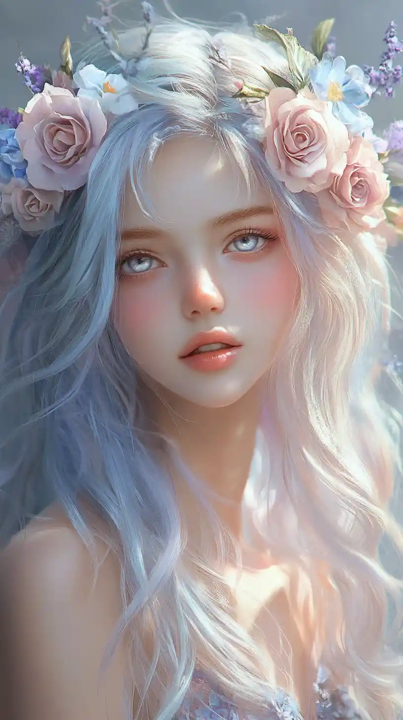 佩戴粉彩花冠的空靈系動漫少女
