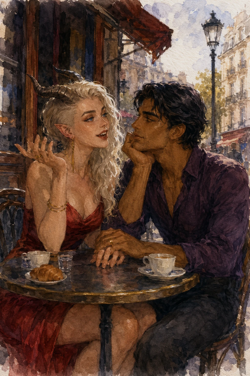 Tiefling-Frau und menschlicher Liebhaber in einem Straßencafé in Paris