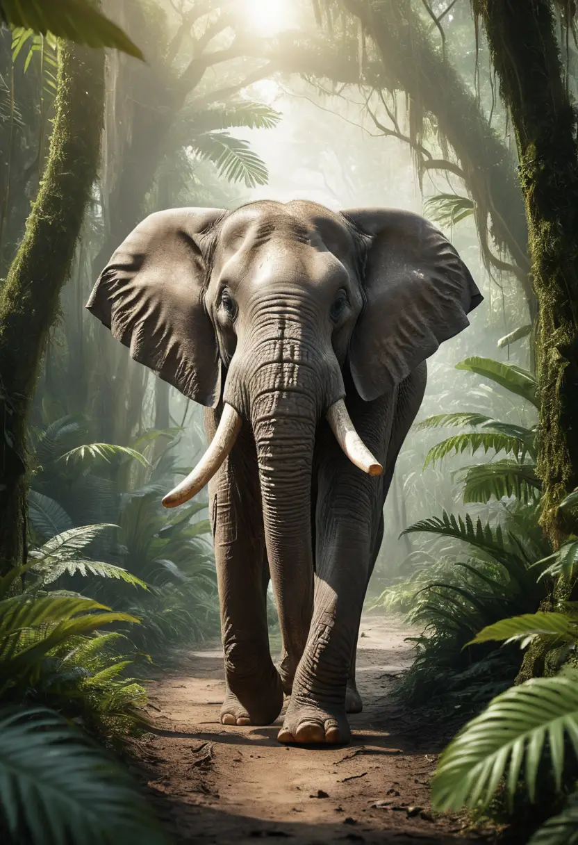 Asian elephant striding through lush tropical jungle light