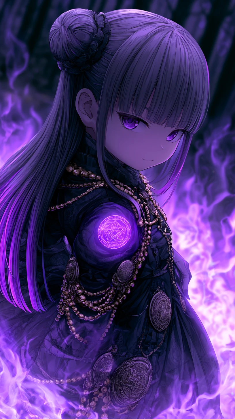 Ragazza anime gotica con magia viola nella foresta oscura