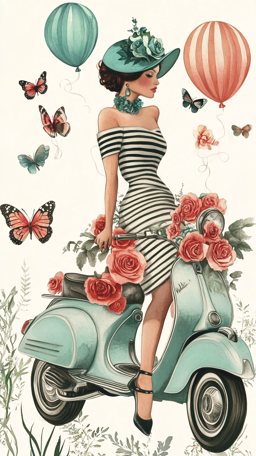 Mulher elegante em scooter vintage com rosas e balões