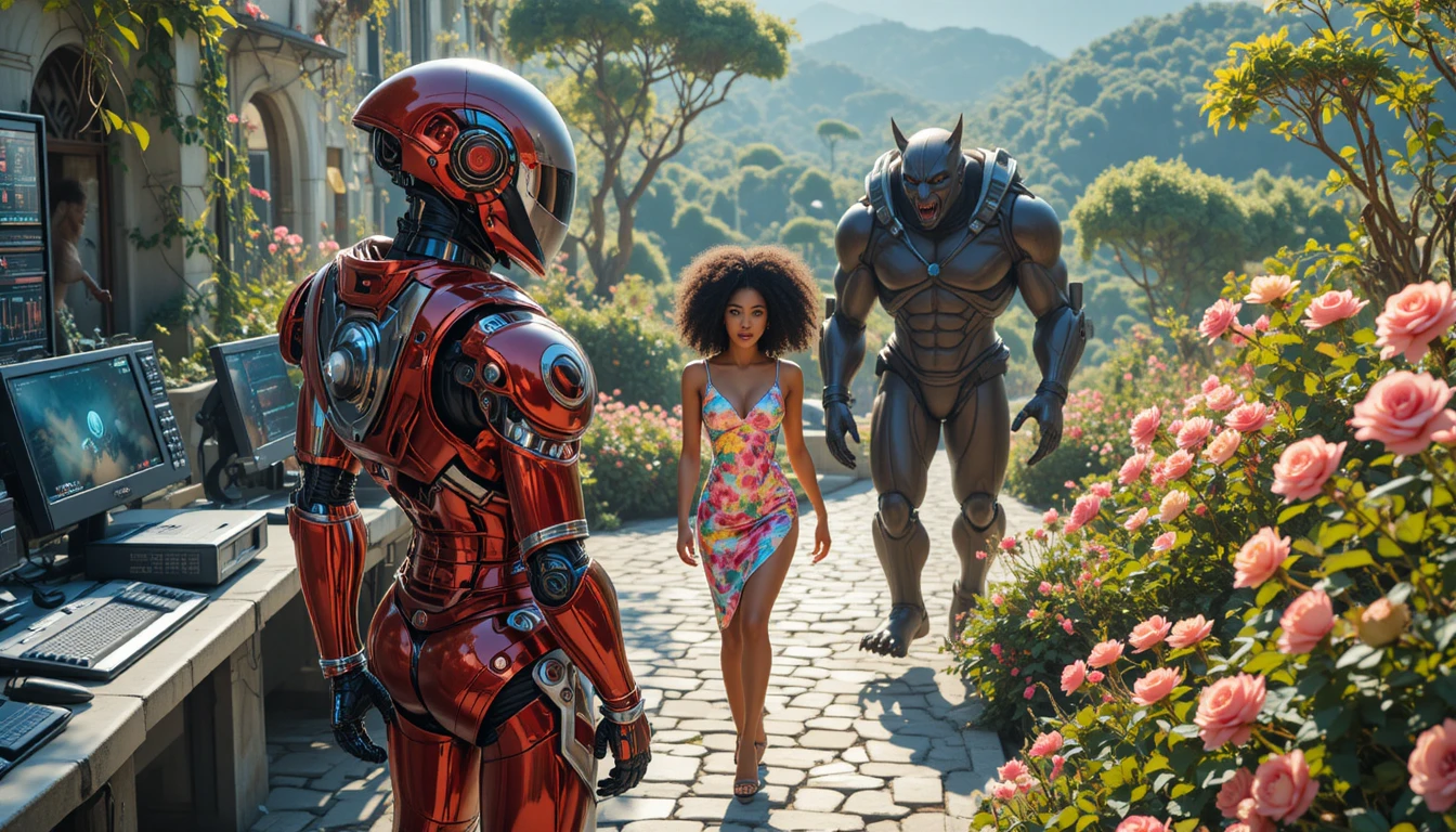 Heroína de ciencia ficción con armadura roja en una azotea alienígena húmeda