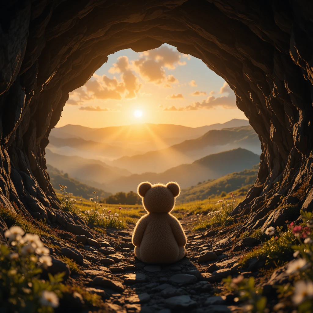Lonely teddy bear watching sunrise from a dark cave