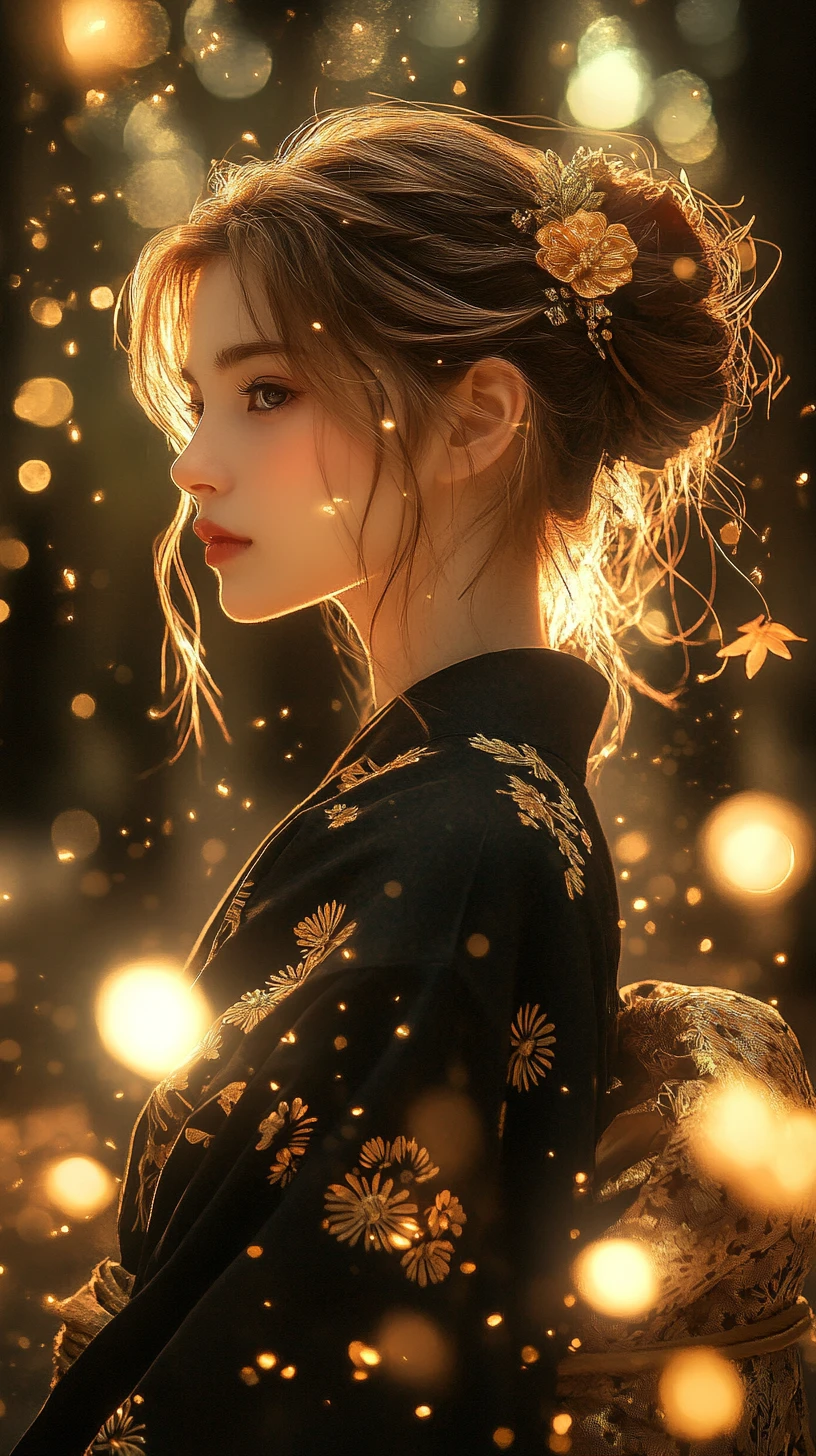 Anime-Mädchen im schwarzen Kimono im leuchtenden Fantasiewald