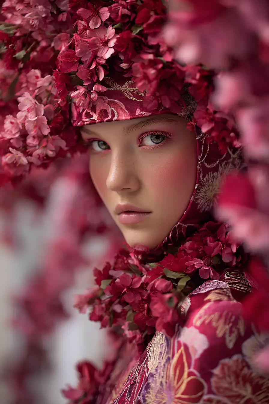 Junge Frau in roten Kirschblüten und Seidenkimono