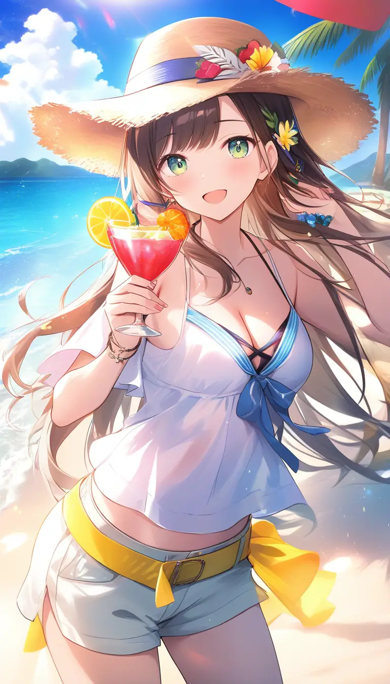 Colorful cocktails and fresh fruits on a sunny beach
