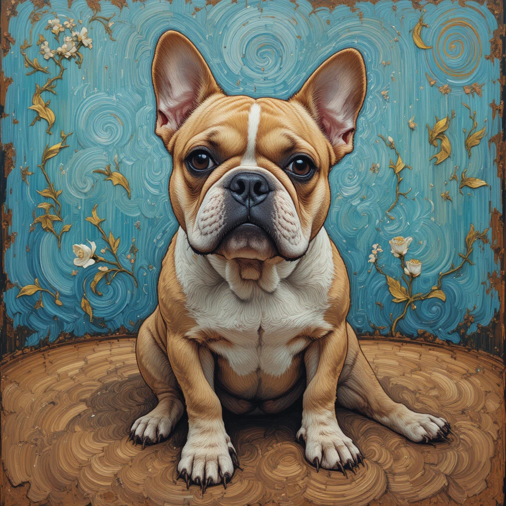 Ritratto di bulldog francese in stile rosa ispirato a Van Gogh