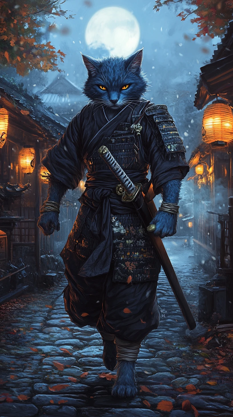 Samurai felino azul caminhando por vila enevoada ao luar