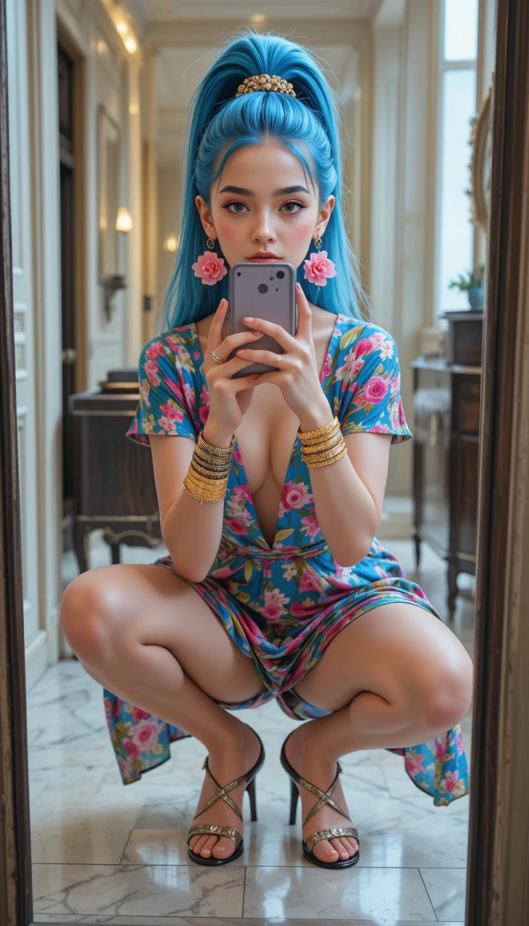 Jovem tirando selfie no espelho com vestido floral