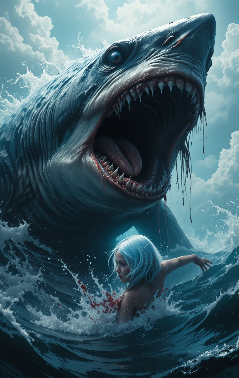 Squalo terrificante che attacca un nuotatore solitario in mare mosso
