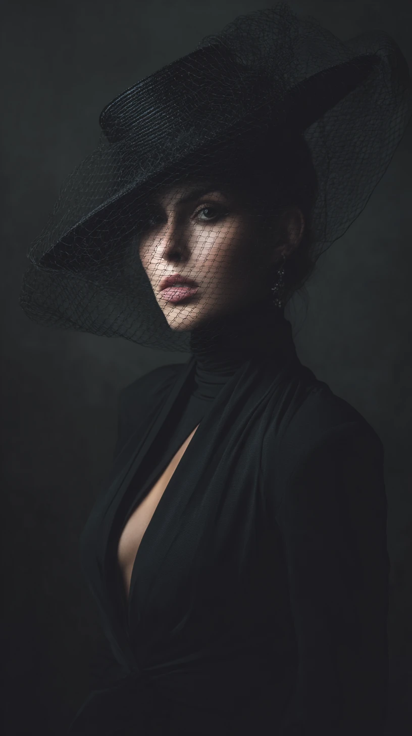Femme fatale misteriosa que exala elegância sombria e poder