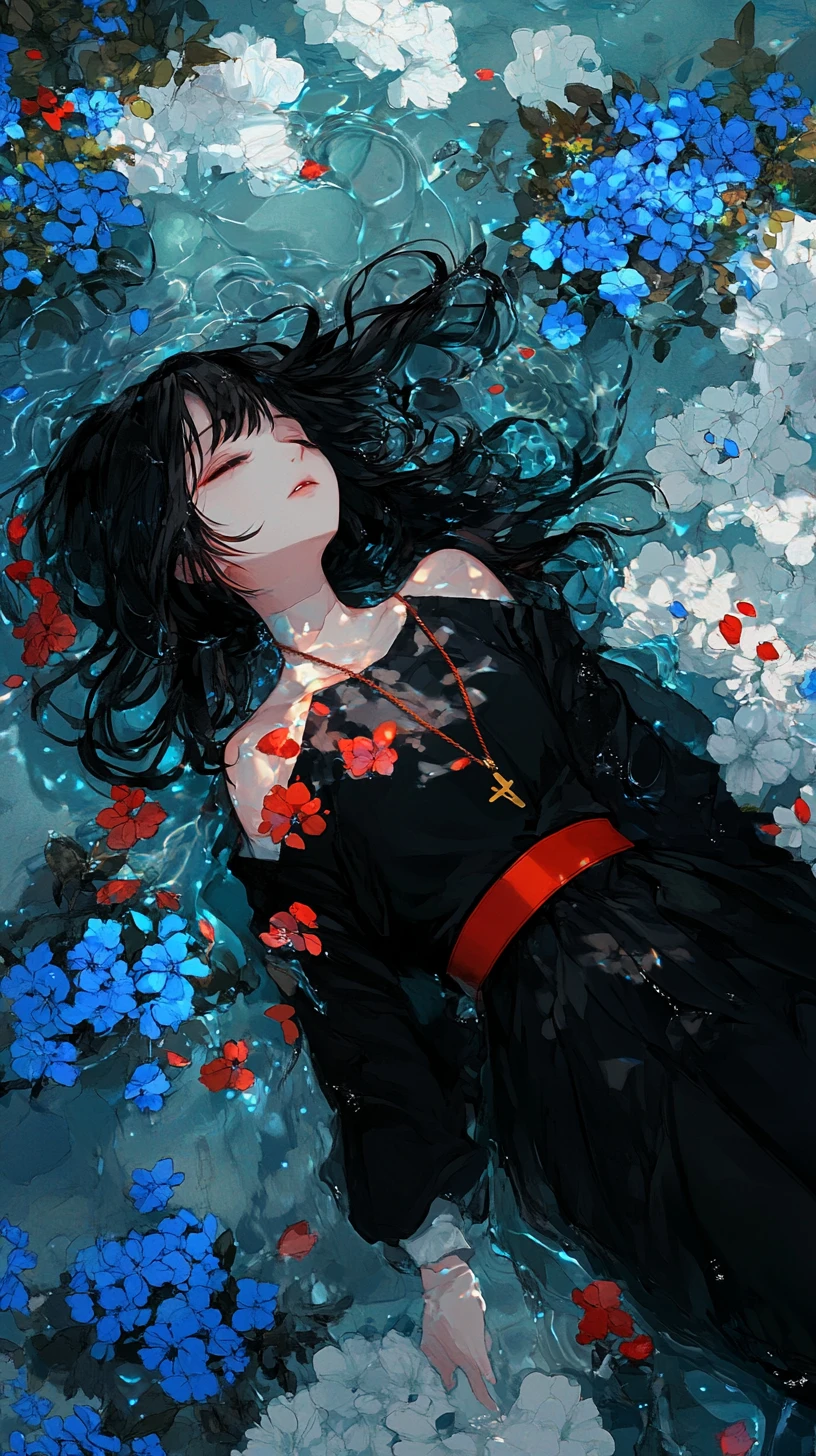 淺水中躺在藍色花叢裡的動畫少女