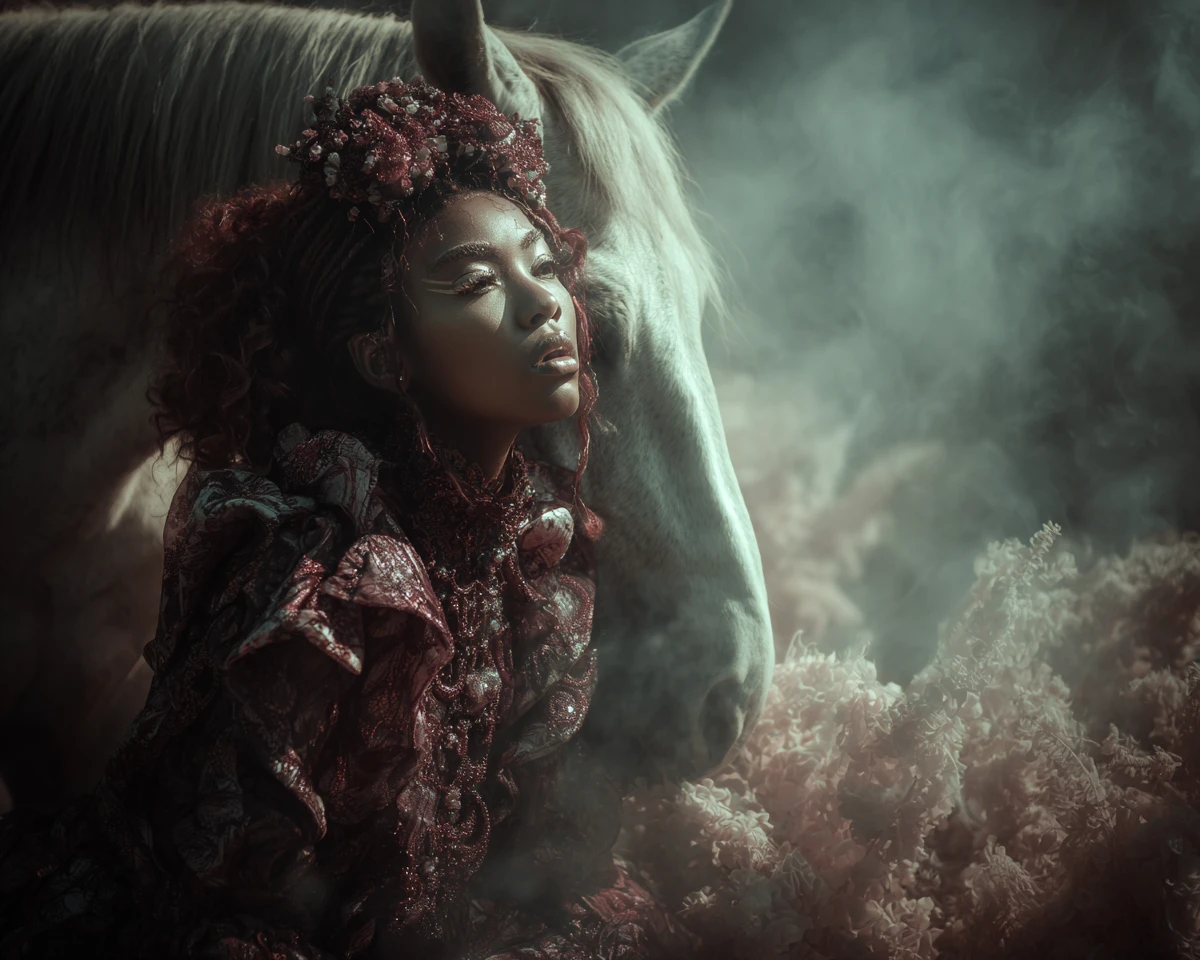 Anjo de pele escura com cavalos selvagens em paisagem surreal