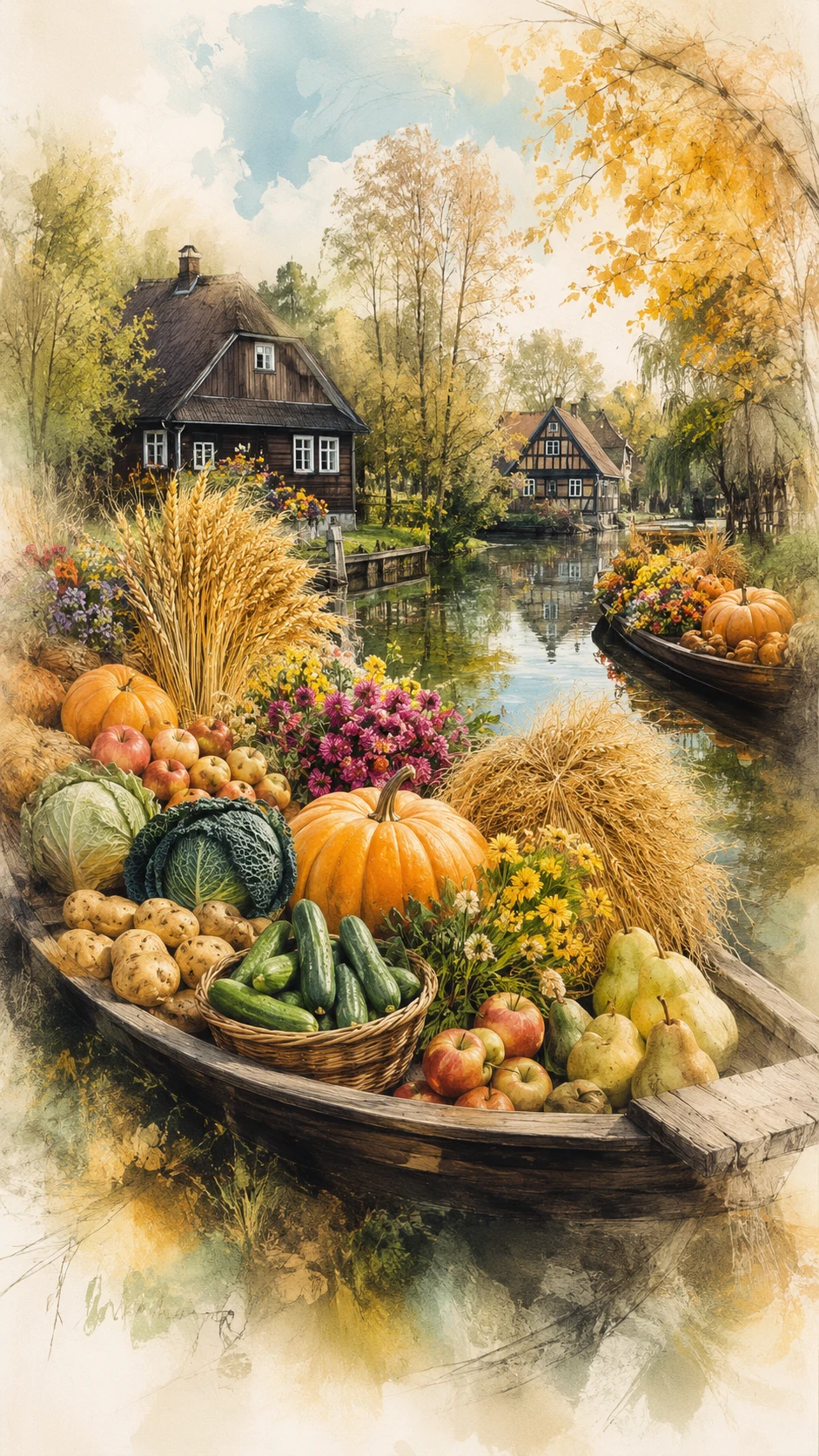 Tradizionali barche da raccolto in un colorato canale dello Spreewald