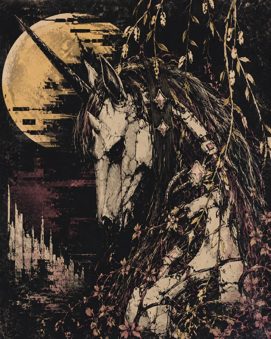 Licorne sombre surréaliste dans un paysage de rêve nostalgique en glitch