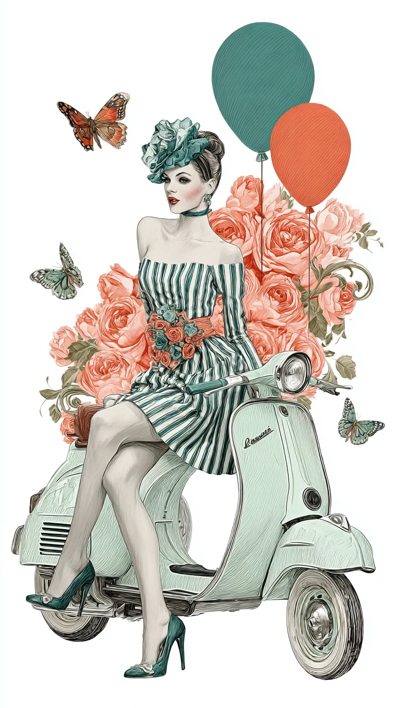 Elegante Frau auf Vintage-Roller mit Rosen und Luftballons