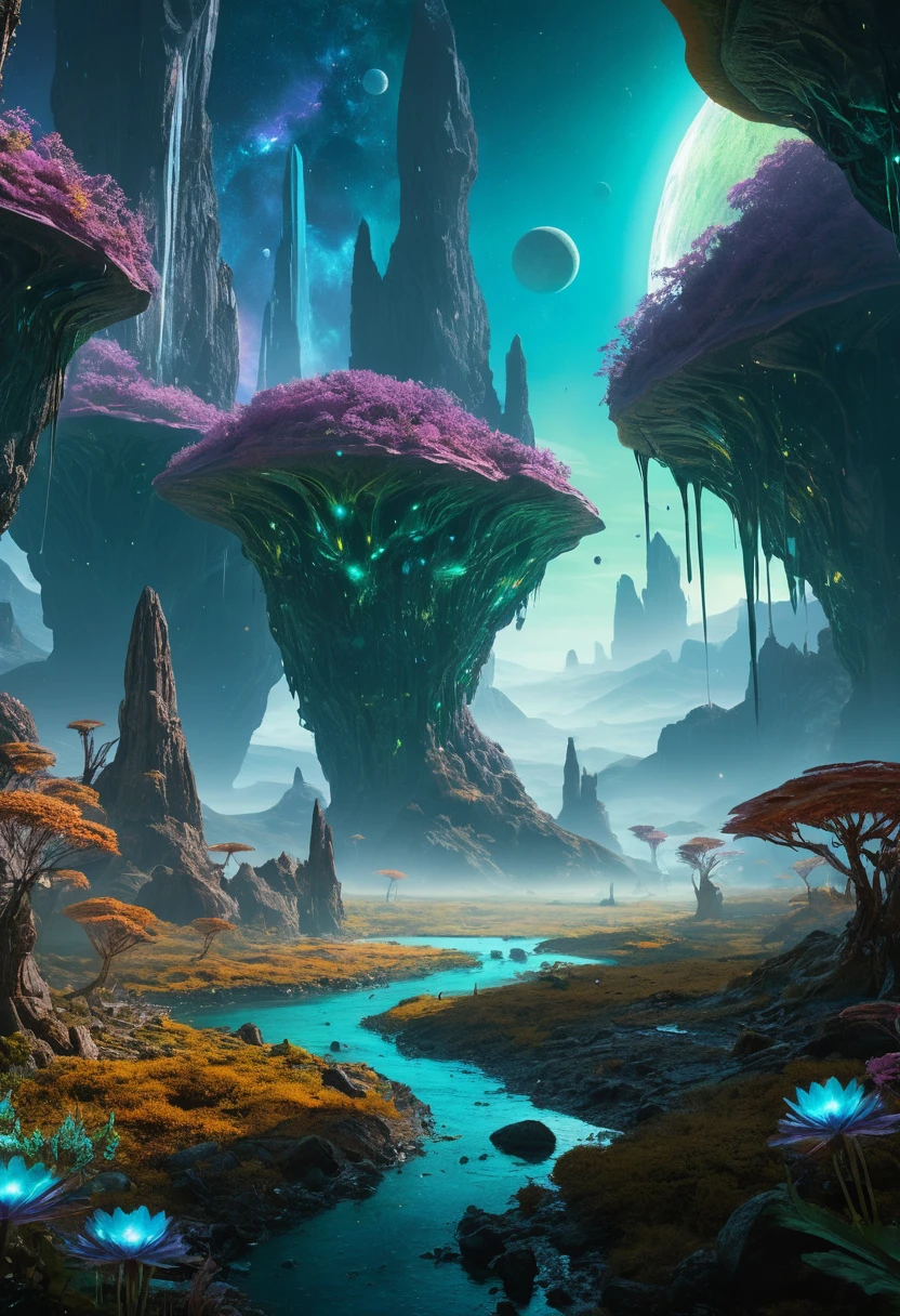 Vaste paysage extraterrestre avec rochers flottants et pics de cristal