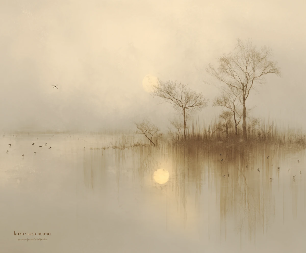 Minimal lakeside silhouettes in soft foggy watercolor