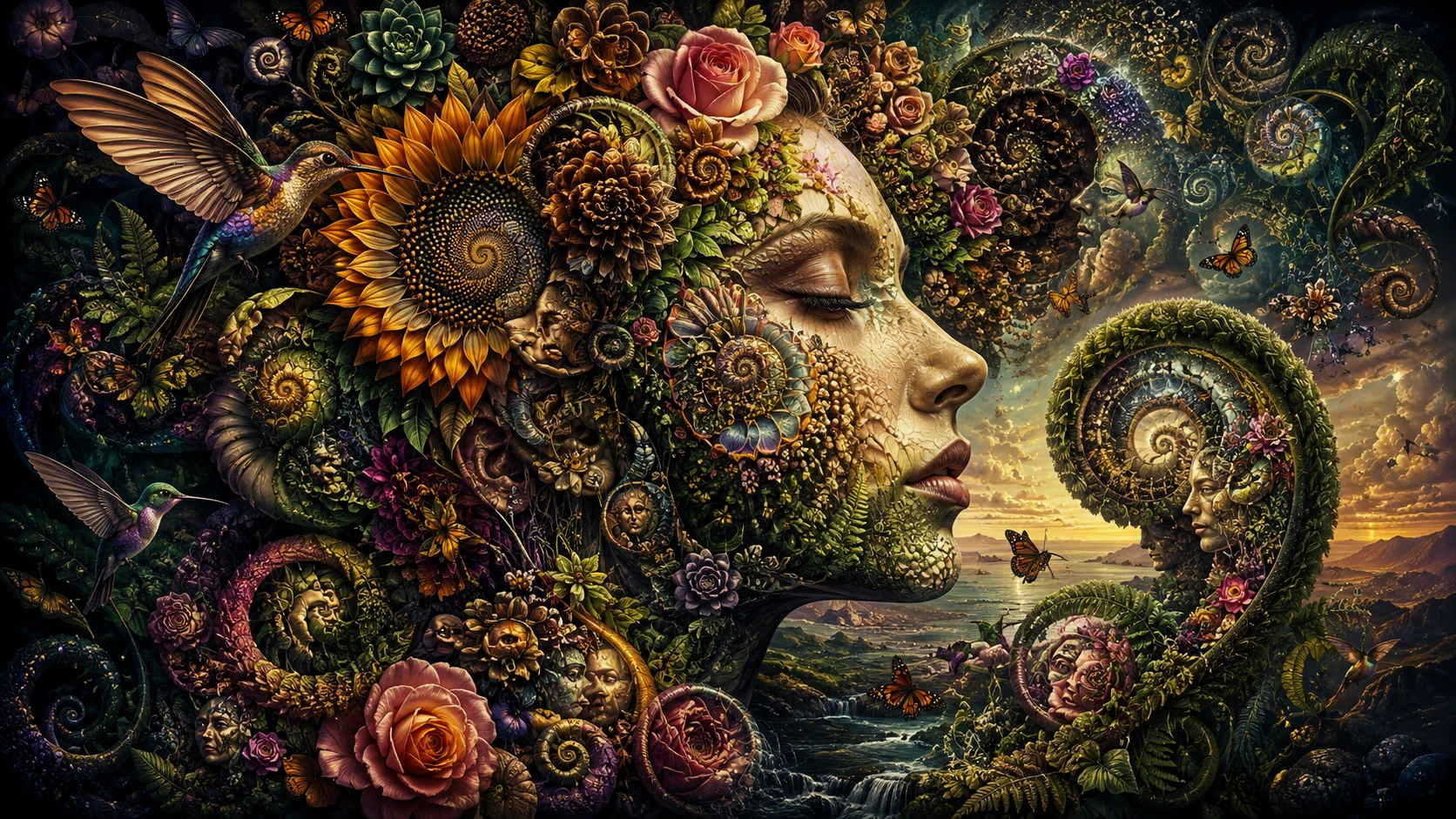 Retrato Floral Surreal Formado por Espirais de Fibonacci
