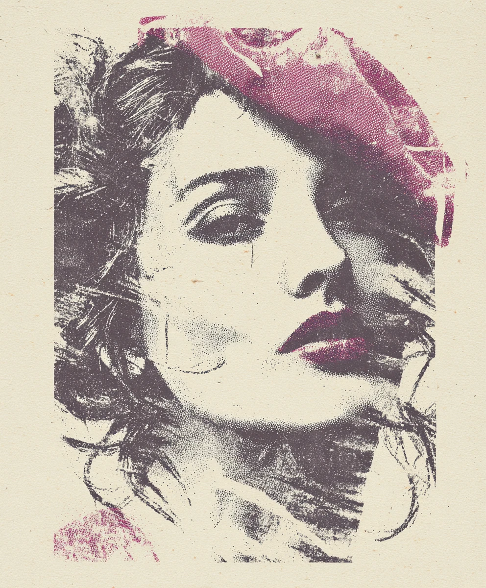 Mulher de boina framboesa em ilustração halftone ousada