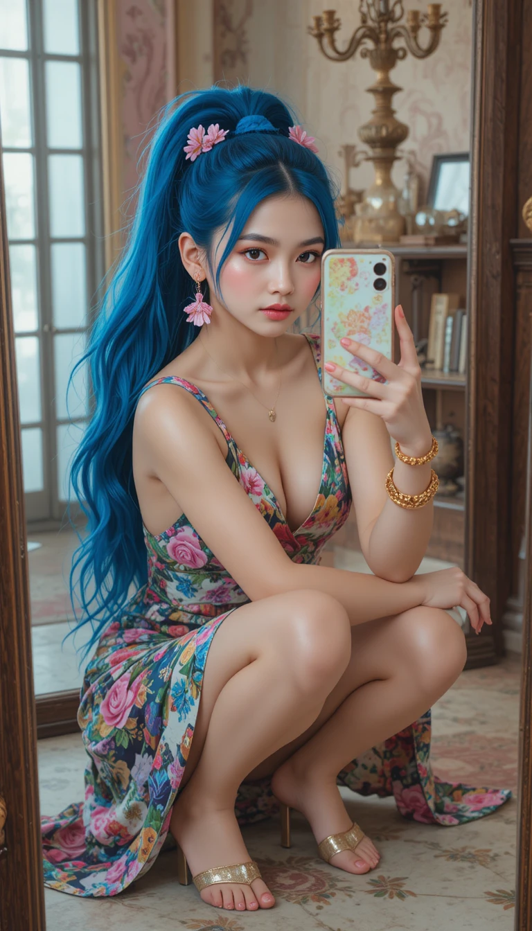 Jovem tirando selfie no espelho com vestido floral