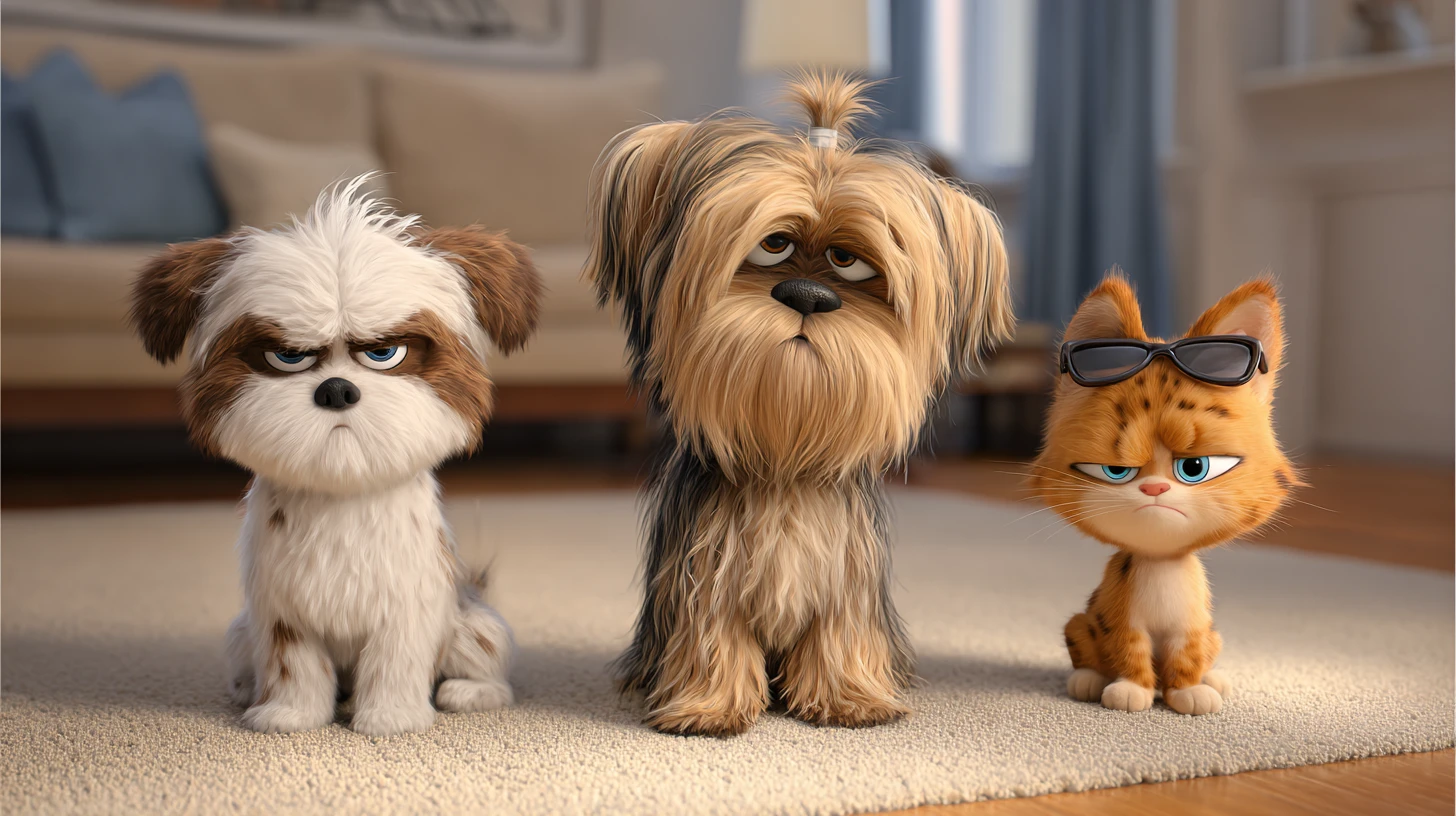 Petits chiens en colère et chaton cool dans un salon chaleureux