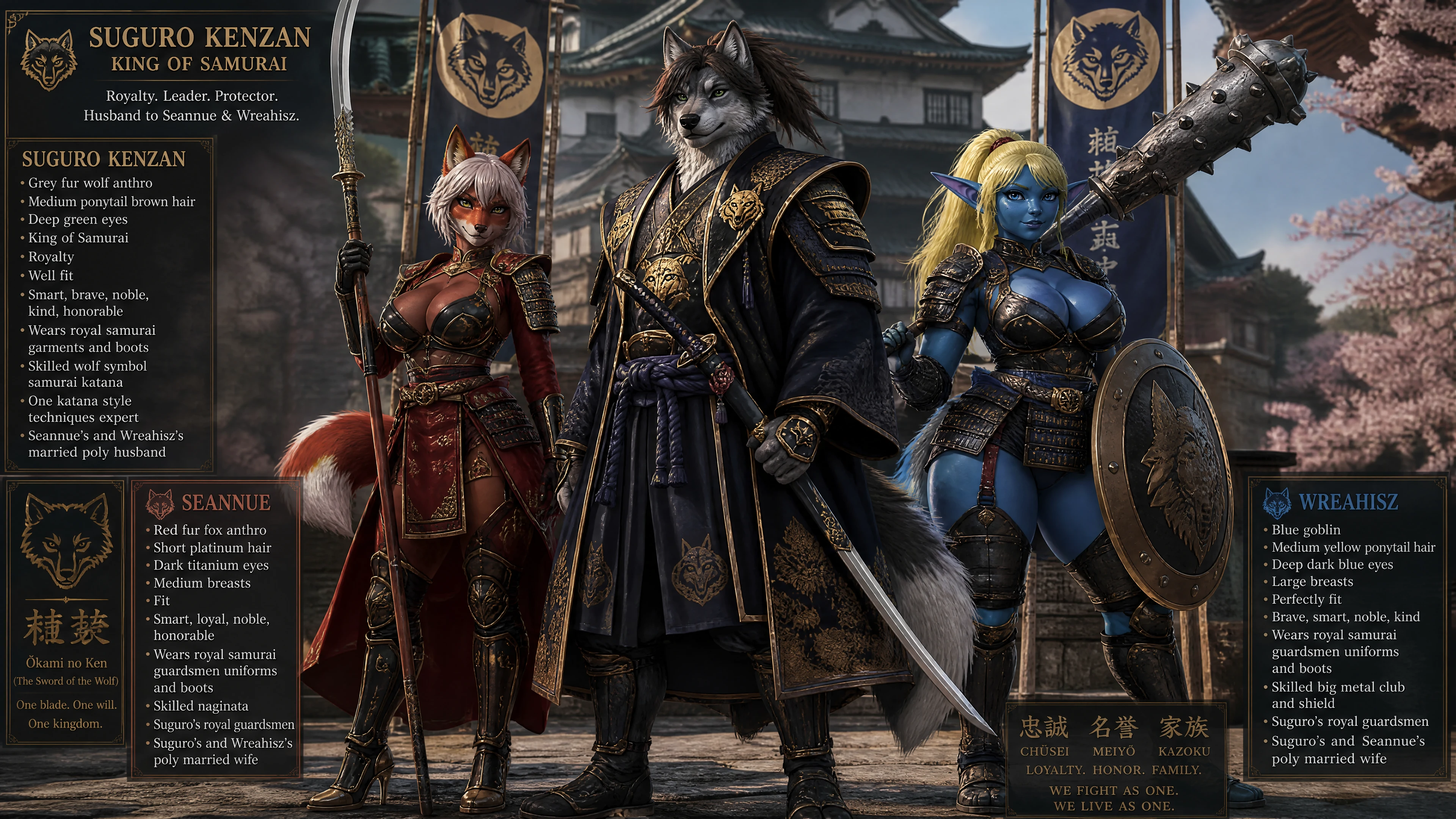 Rei samurai lobo antrópico em armadura real ornamentada