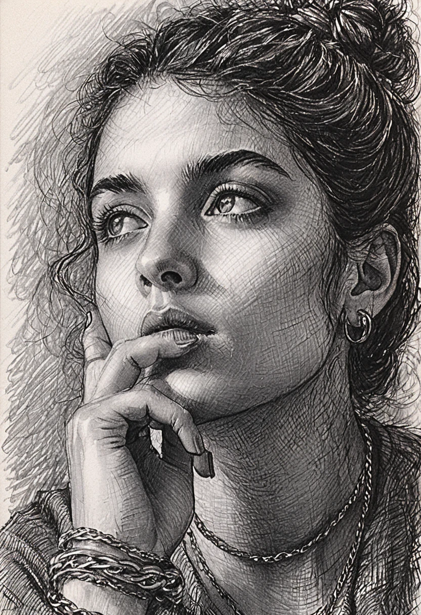 Thoughtful ink portrait of a woman with hand to lips