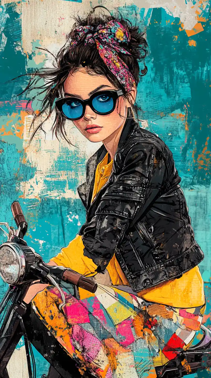 Donna stilizzata su scooter vintage in una vivace scena pop art