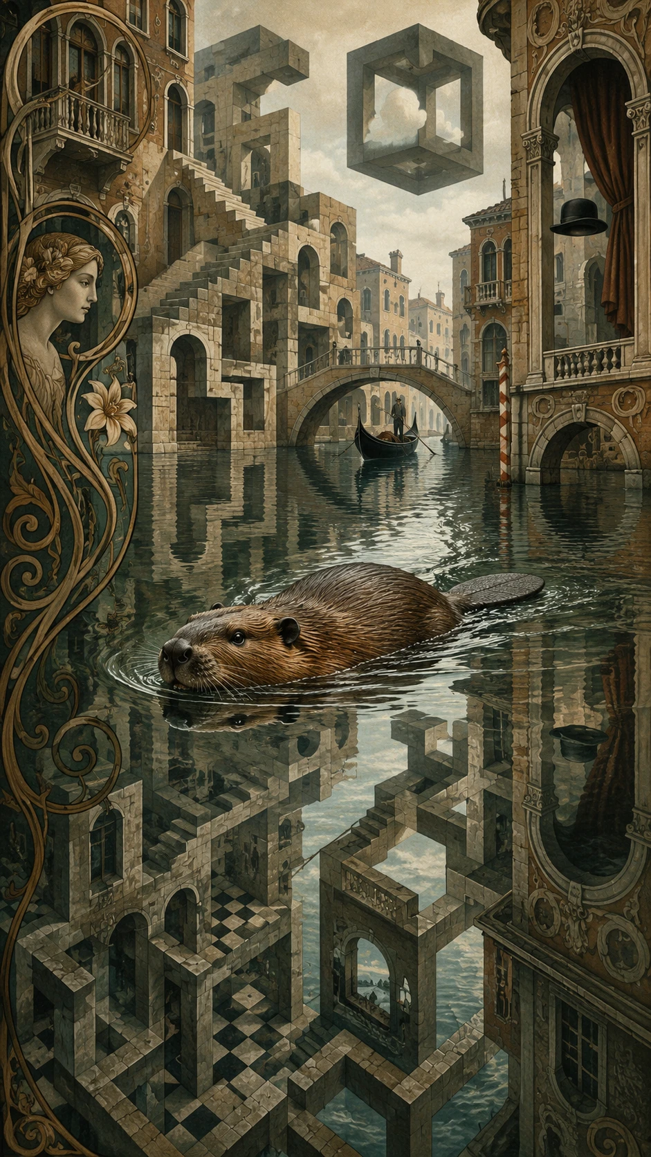 Surreal beaver swimming through a distorted Venetian canal