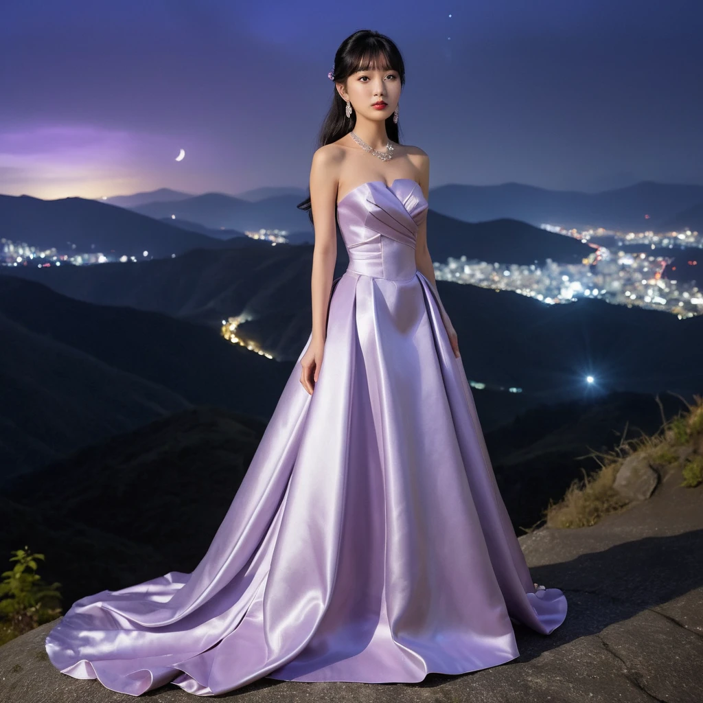 Elegantes Mädchen im violetten Satinkleid in der Bergnacht