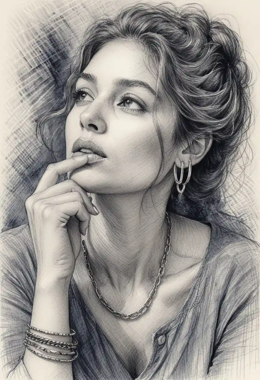 細緻墨線交叉陰影描繪的沉思女子肖像