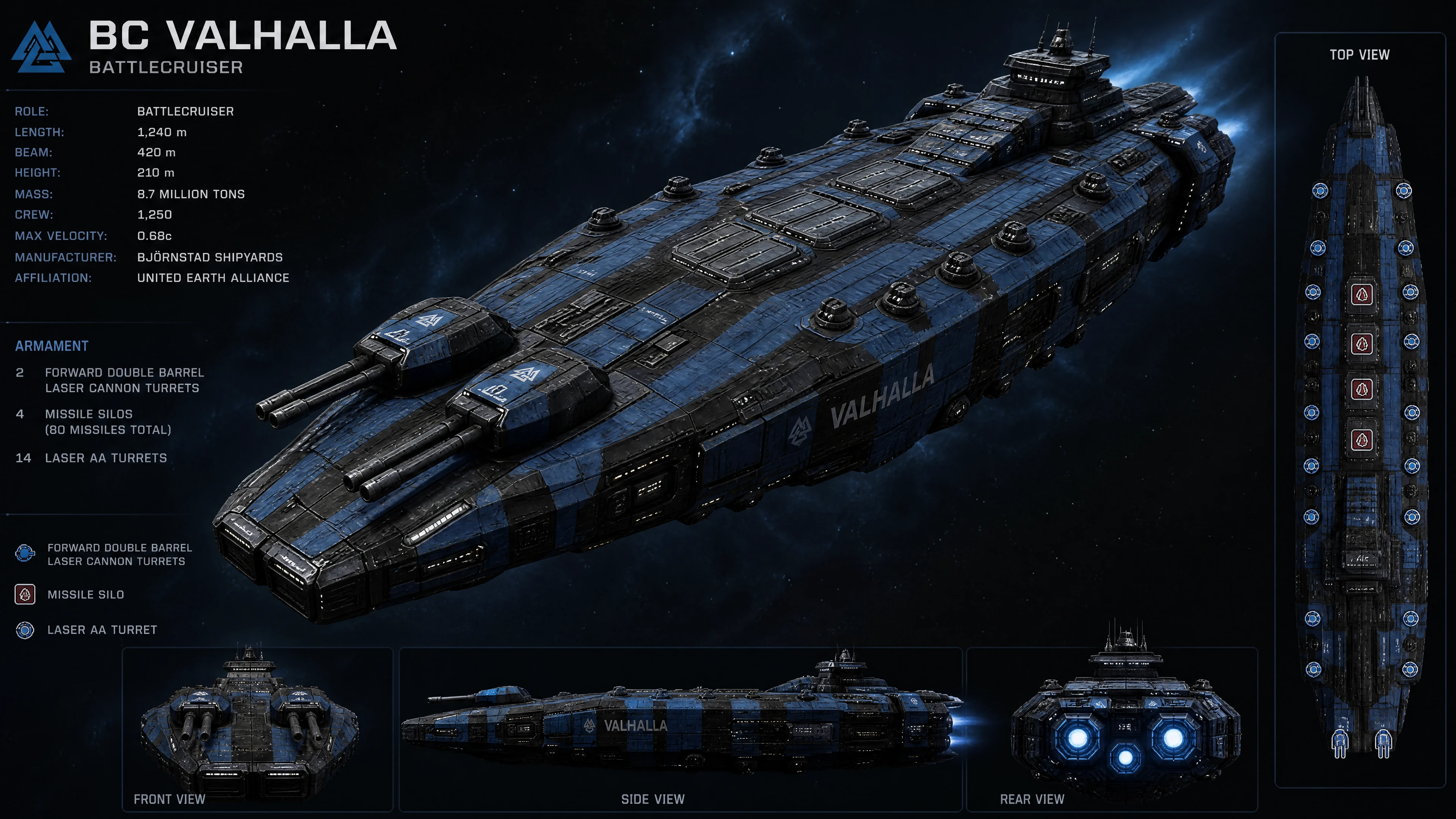 Cruzador de batalha espacial azul e preto com pesados canhões a laser
