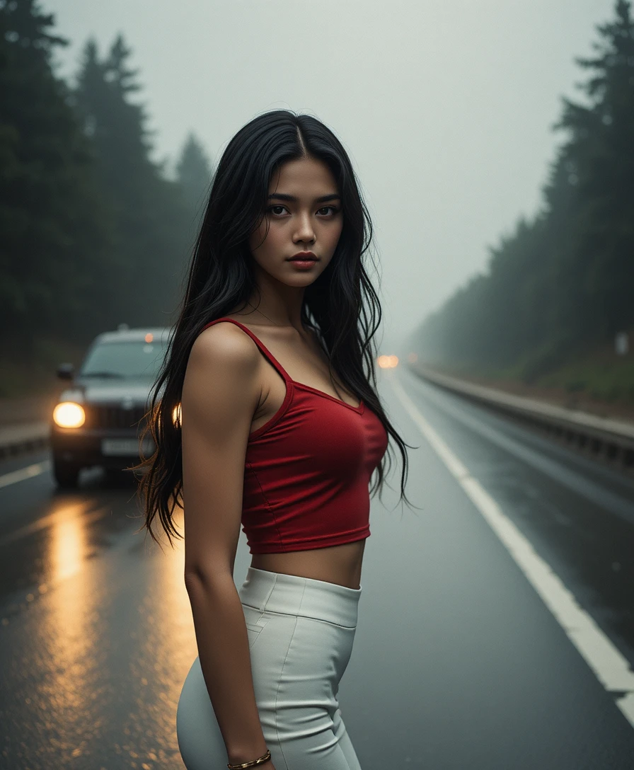Junge Frau auf einer regennassen Autobahn in der Dämmerung