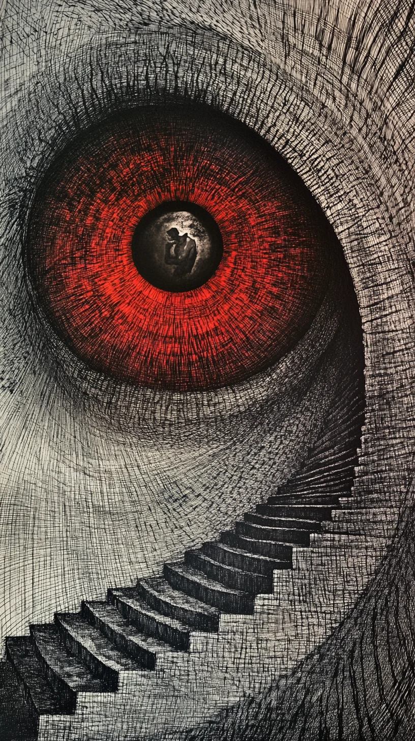 Olho surreal se transformando em uma escadaria em espiral infinita