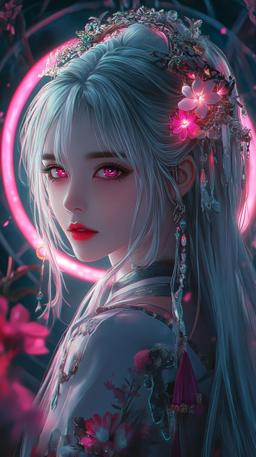 Anime girl in ornate floral attire with neon pink glow