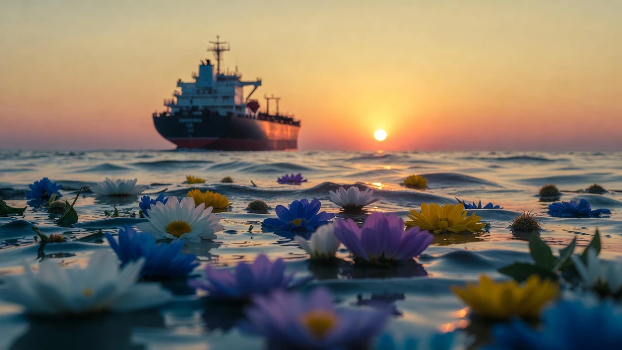 Flores coloridas flutuando no mar ao pôr do sol
