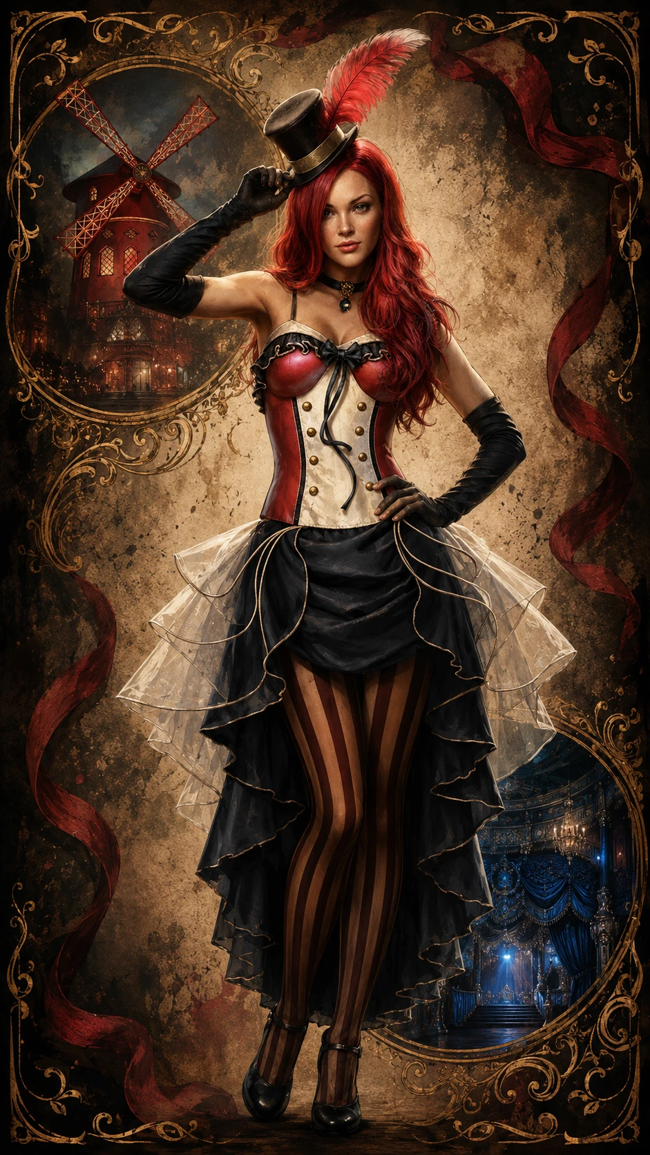 Donna dai capelli rossi burlesque in costume teatrale da cabaret