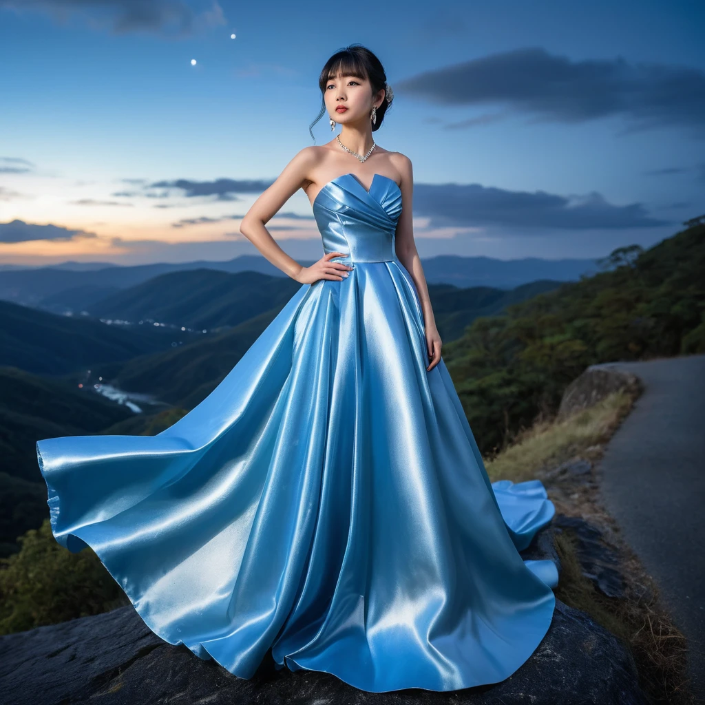 Garota elegante em vestido de cetim azul em uma montanha à noite