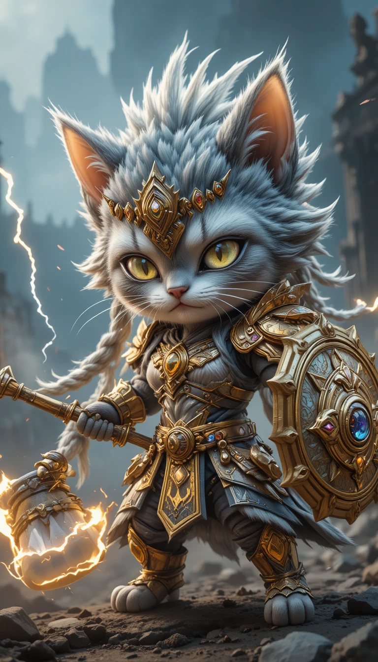 Feroz guerreiro gato chibi em um campo de batalha tempestuoso