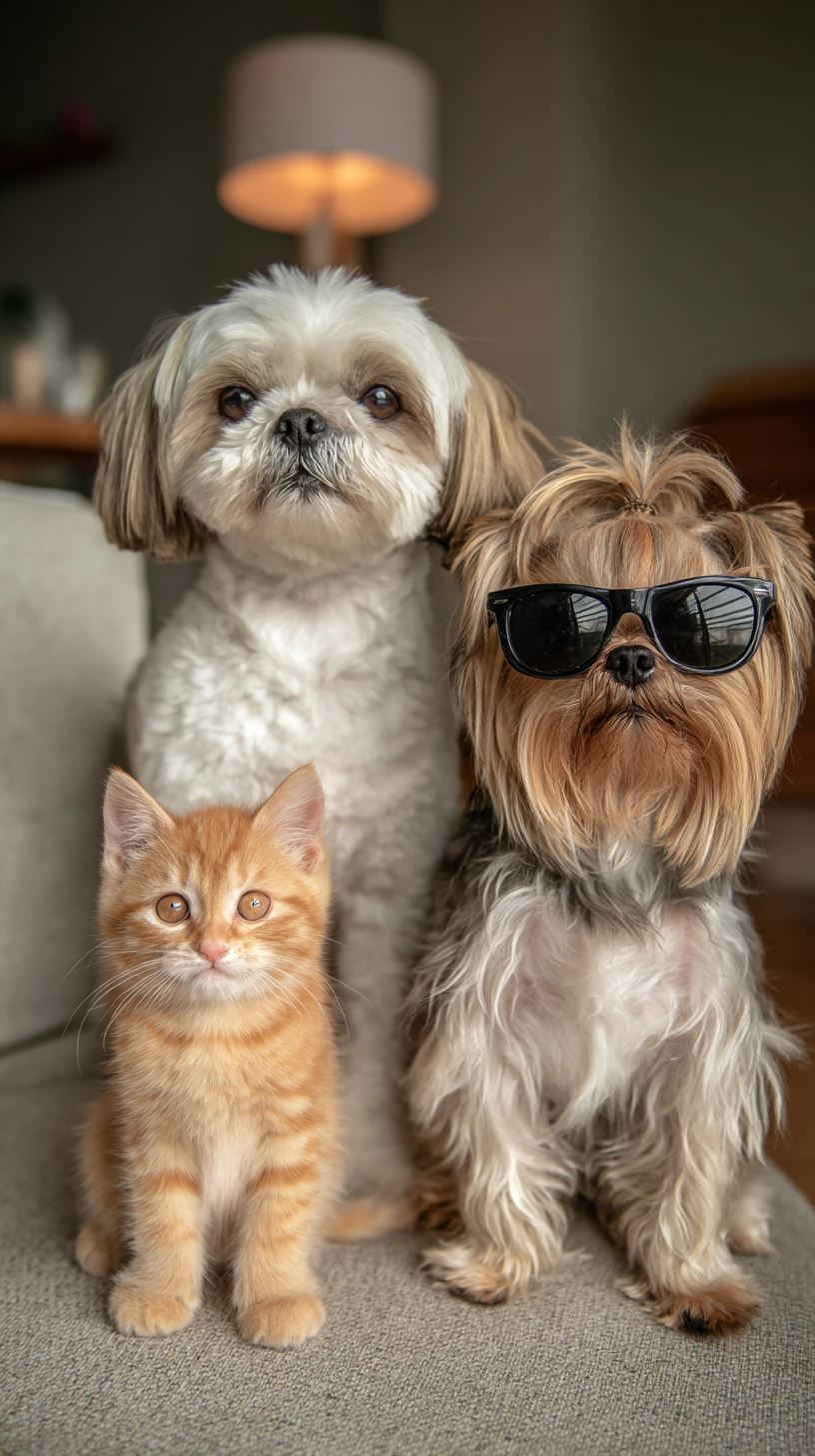 Chaton joueur avec des lunettes de soleil à côté de deux petits chiens en colère
