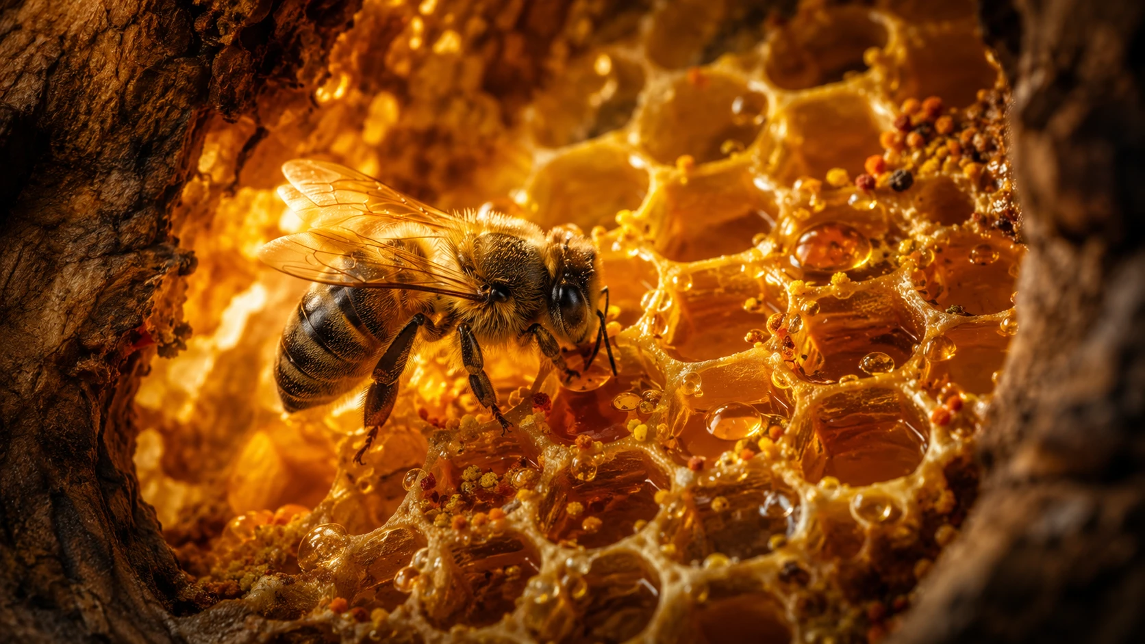 Gros plan d’une abeille travaillant sur un rayon lumineux dans un arbre
