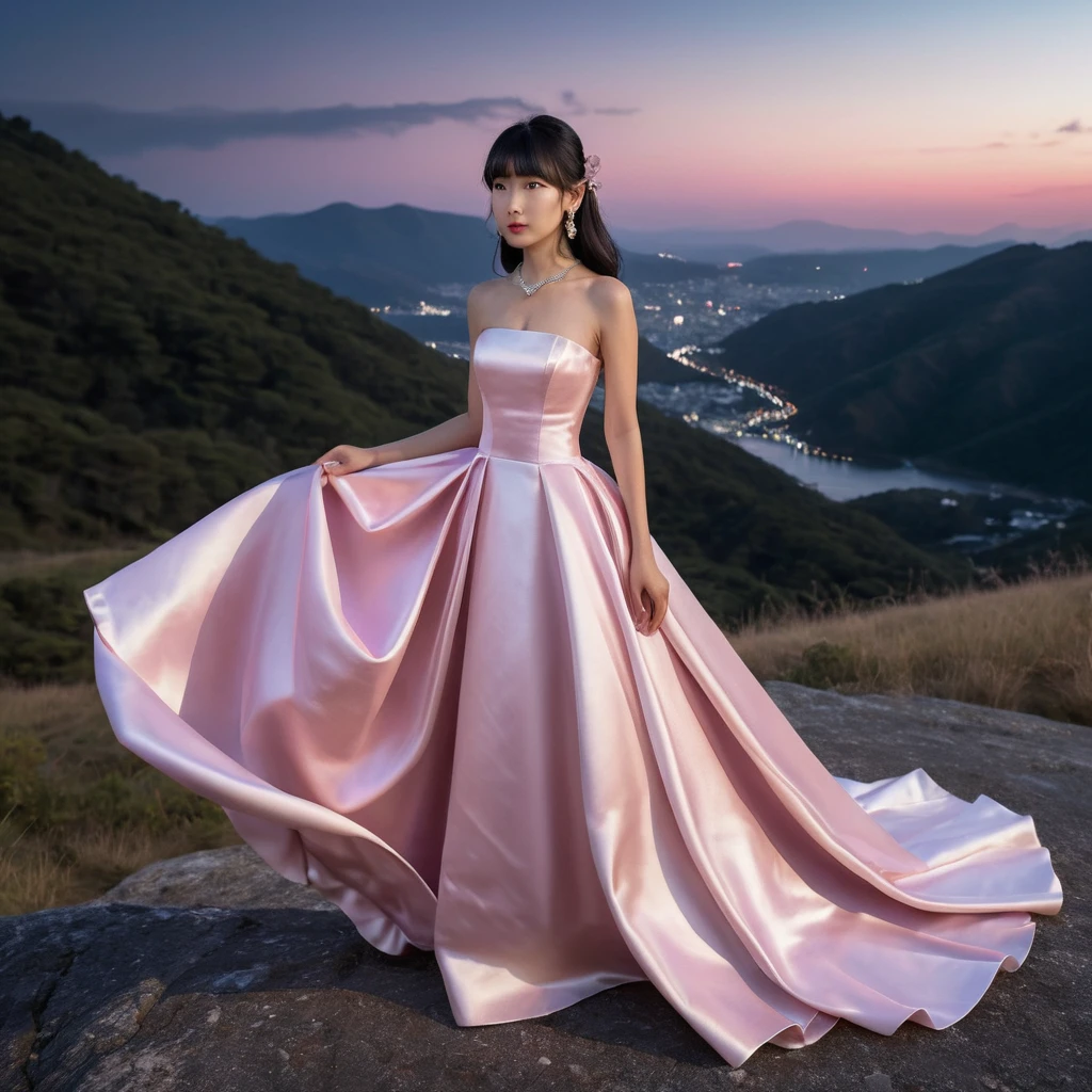 Garota elegante com vestido de cetim rosa na noite na montanha