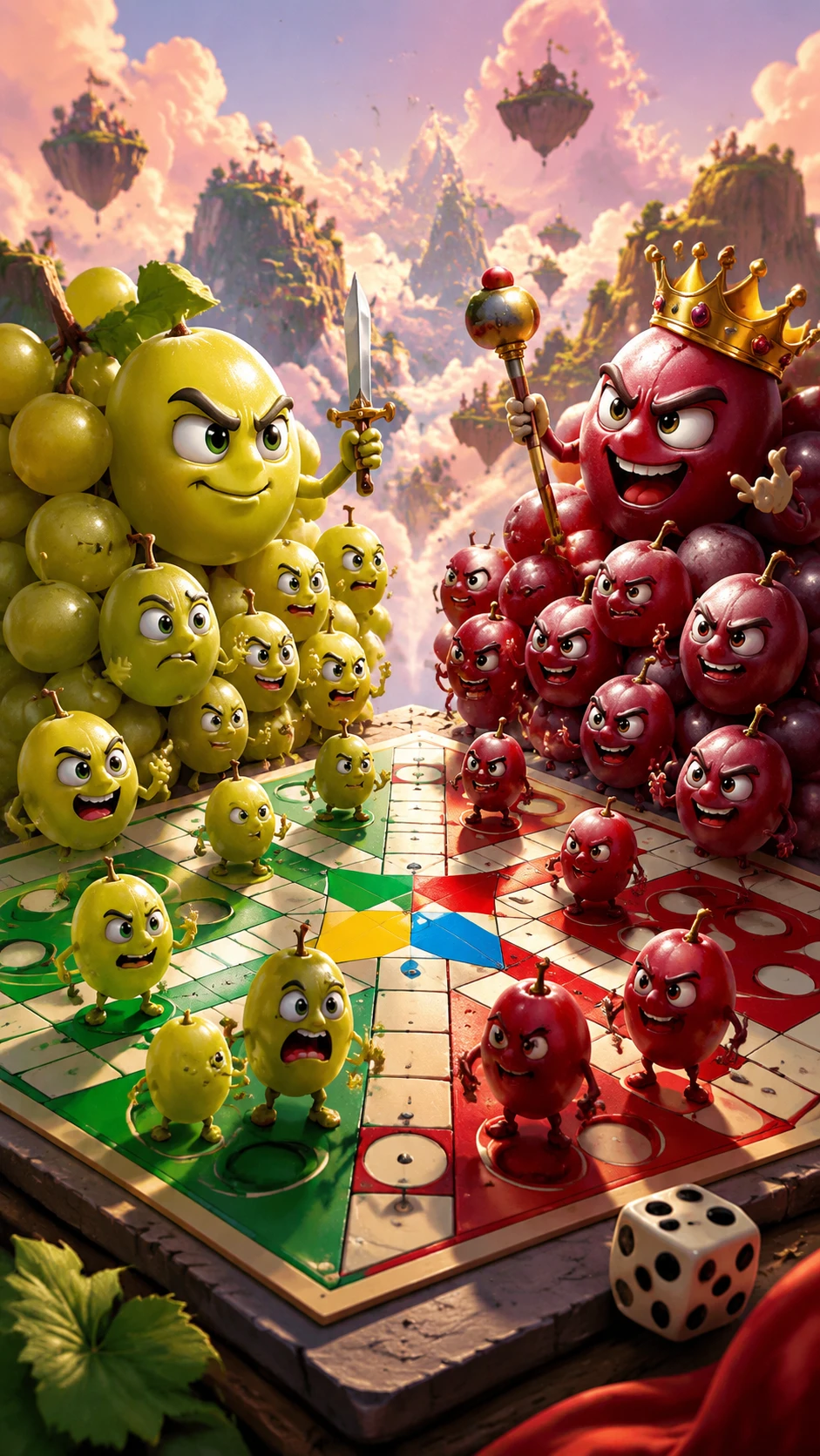 Uvas surreais jogando Ludo em um tabuleiro de jogo colorido