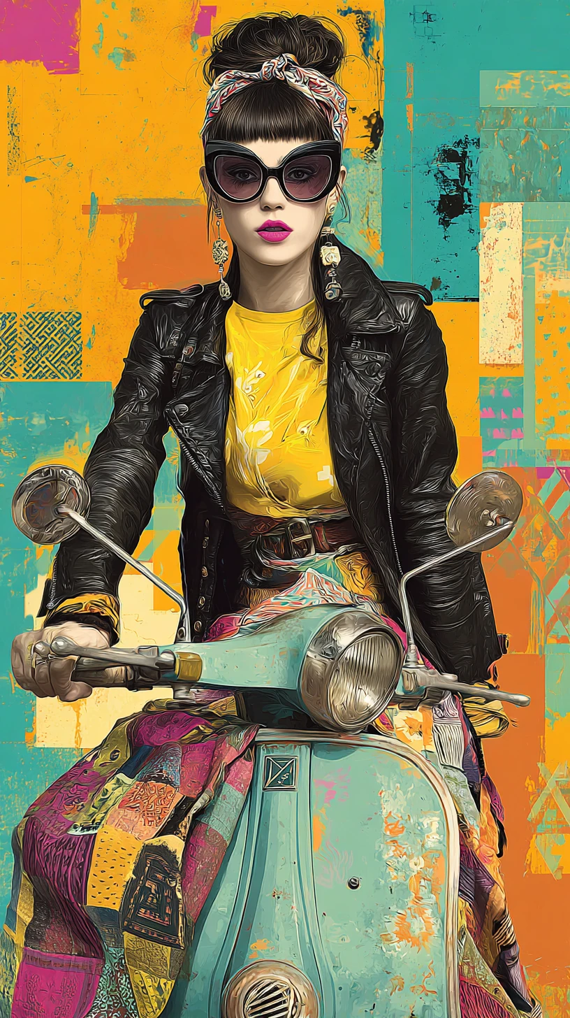Pop-Art-Frau auf Vintage-Roller in abstrakten Farben