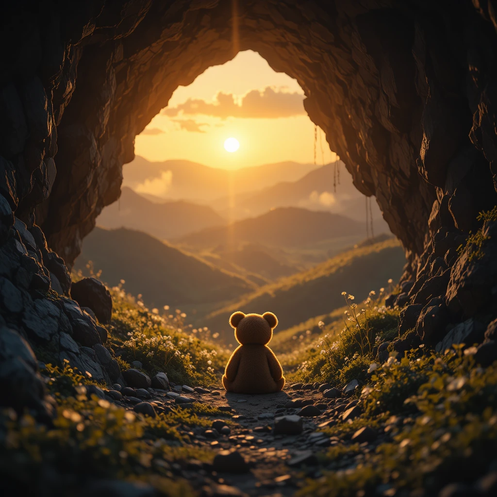 Orsetto di peluche in una grotta che guarda un’alba dorata all’esterno