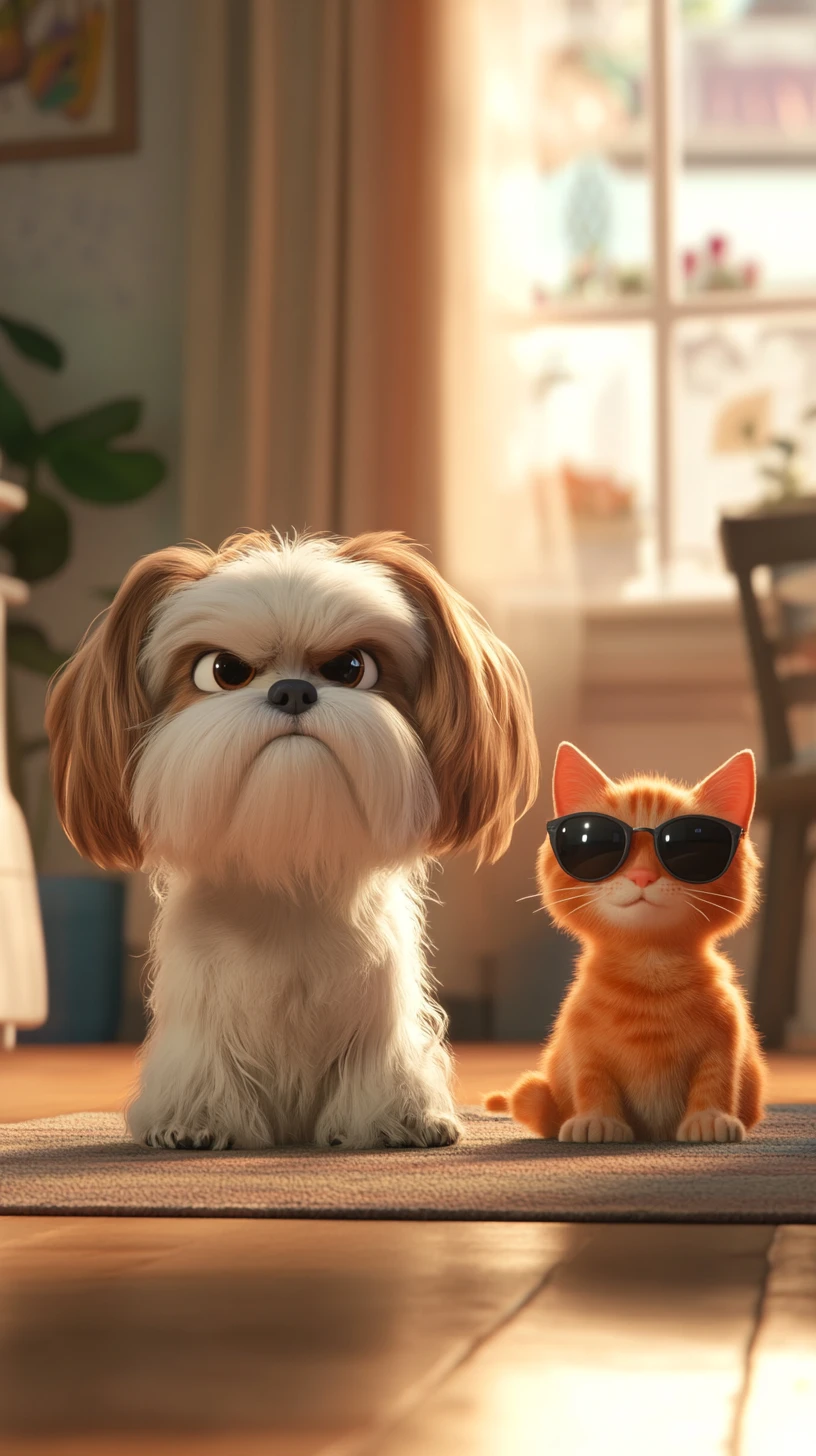 Chaton joueur avec de petits chiens dans un salon cosy