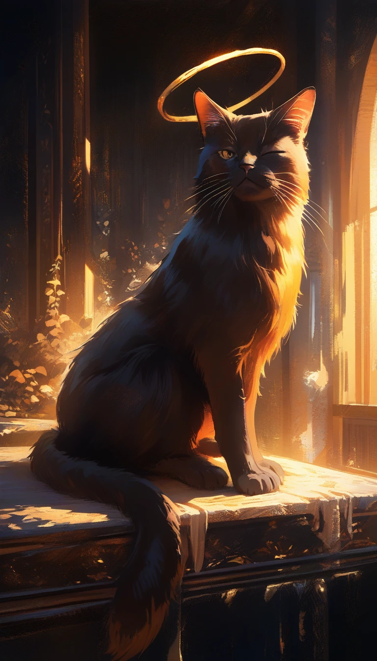Gatto nero che riposa su una cornice di legno in caldo controluce