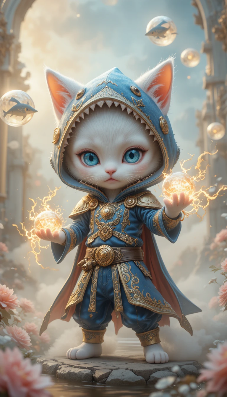 Fluffy cat mage summoning glowing shark filled orbs