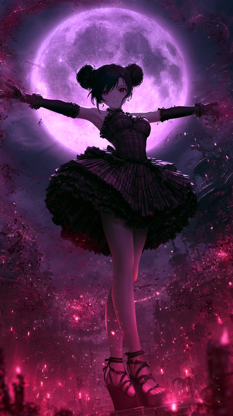 Gotische Anime-Zauberin unter einem leuchtenden violetten Mond